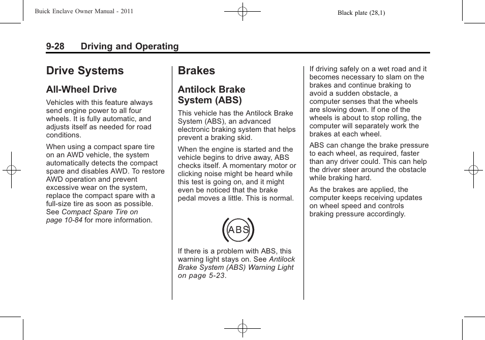 Drive systems, All-wheel drive, Brakes | Antilock brake system (abs), Systems -28, All-wheel drive -28, Antilock brake, System (abs) -28 | Buick 2011 Enclave User Manual | Page 284 / 458