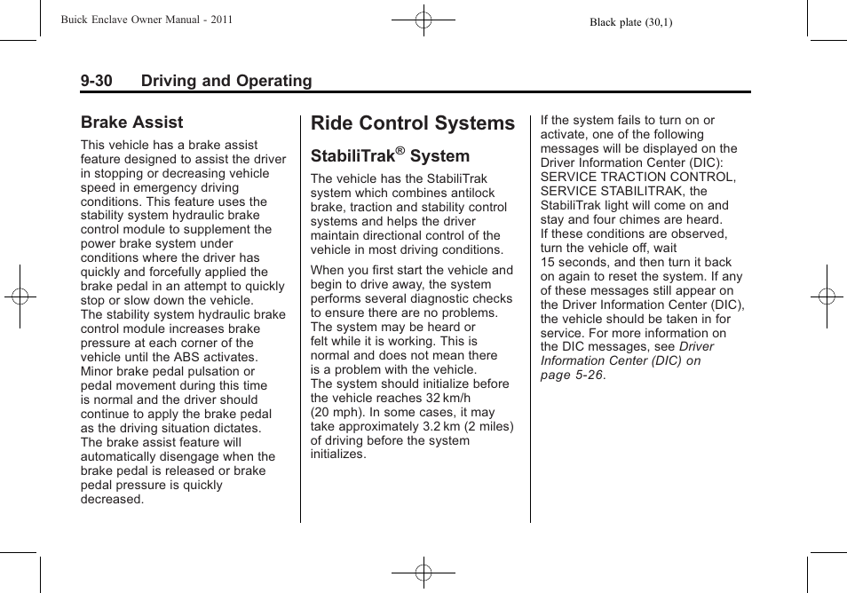 Brake assist, Ride control systems, Stabilitrak® system | Ride control systems -30, Stabilitrak, System on, System, Brake assist -30, System -30 | Buick 2011 Enclave User Manual | Page 286 / 458