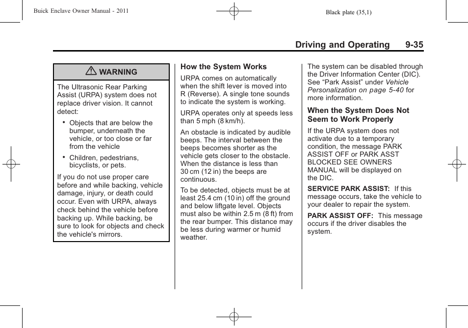 Driving and operating 9-35 | Buick 2011 Enclave User Manual | Page 291 / 458