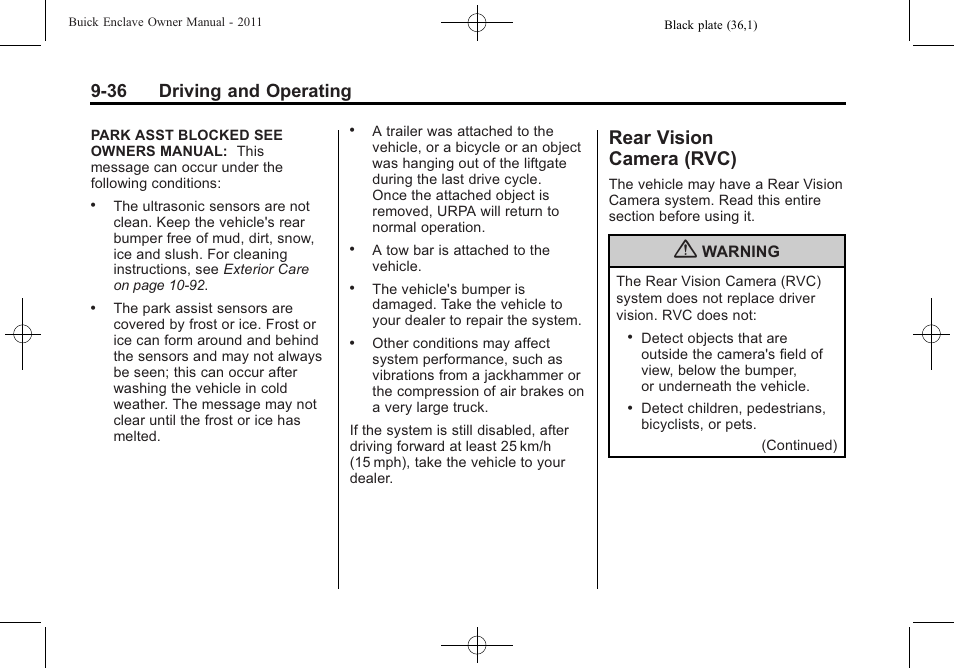 Rear vision camera (rvc), Rear vision, Camera (rvc) -36 | 36 driving and operating | Buick 2011 Enclave User Manual | Page 292 / 458