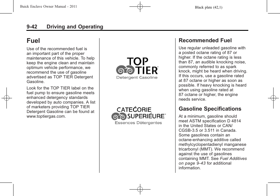Fuel, Recommended fuel, Gasoline specifications | Fuel -42 | Buick 2011 Enclave User Manual | Page 298 / 458