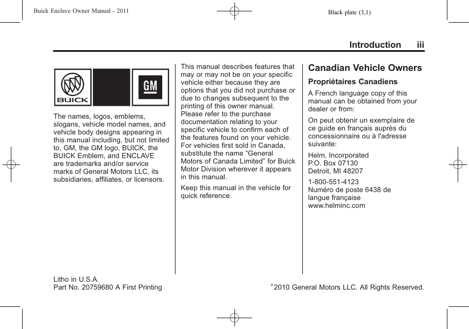 Introduction, Canadian vehicle owners, Introduction iii | Buick 2011 Enclave User Manual | Page 3 / 458