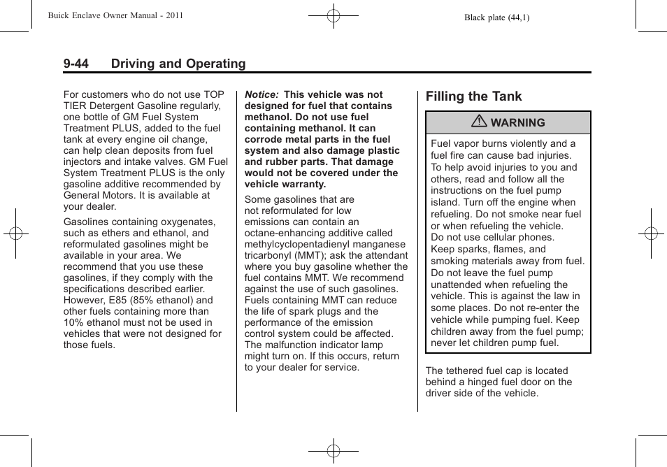 Filling the tank, Filling the tank -44 | Buick 2011 Enclave User Manual | Page 300 / 458