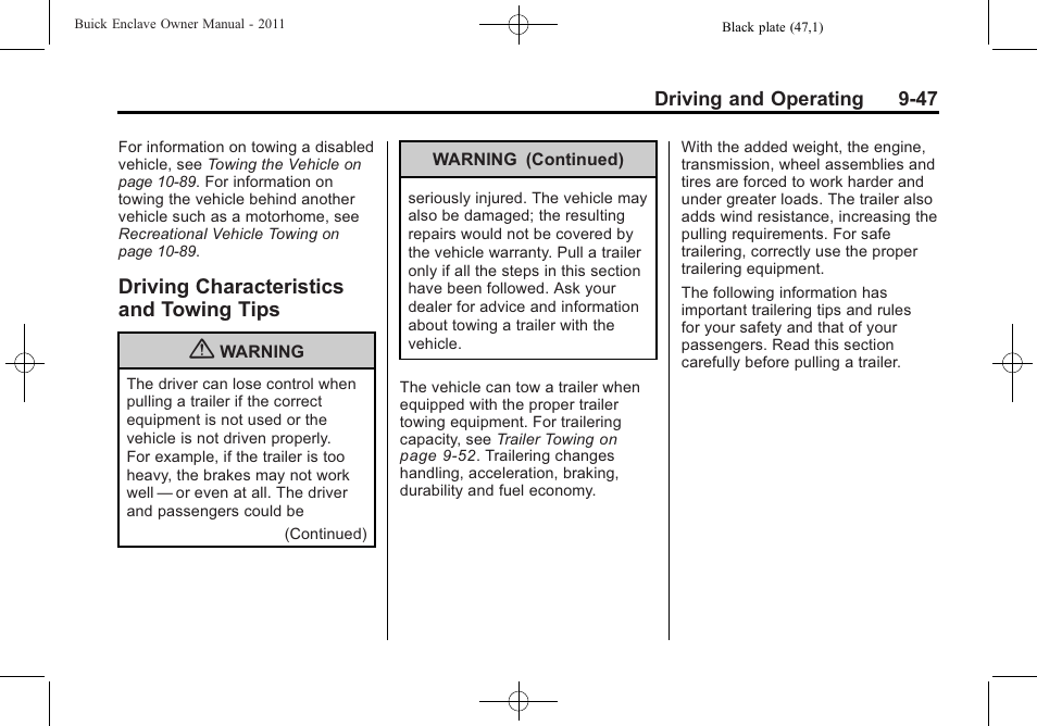 Driving characteristics and towing tips, Driving characteristics and, Towing tips -47 | Buick 2011 Enclave User Manual | Page 303 / 458