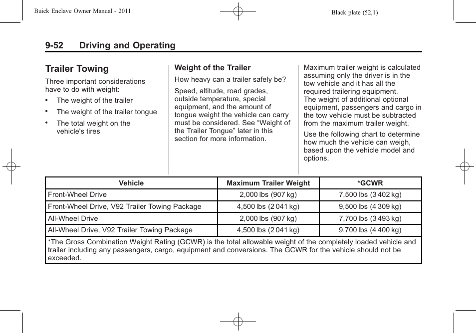 Trailer towing, Trailer towing -52, 52 driving and operating | Buick 2011 Enclave User Manual | Page 308 / 458