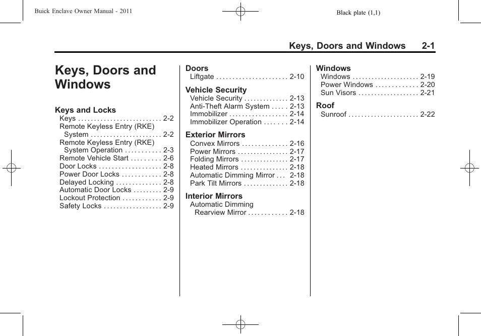 Keys, doors and windows, Keys, doors and windows -1 | Buick 2011 Enclave User Manual | Page 31 / 458