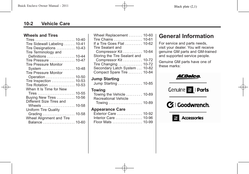 General information, General information -2, Vehicle | 2 vehicle care | Buick 2011 Enclave User Manual | Page 314 / 458