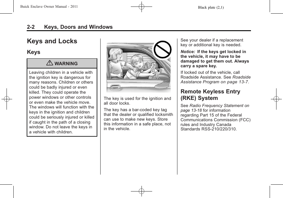 Keys and locks, Keys, Remote keyless entry (rke) system | Keys and locks -2, Indicators, Keys -2 remote keyless entry (rke), System -2 | Buick 2011 Enclave User Manual | Page 32 / 458