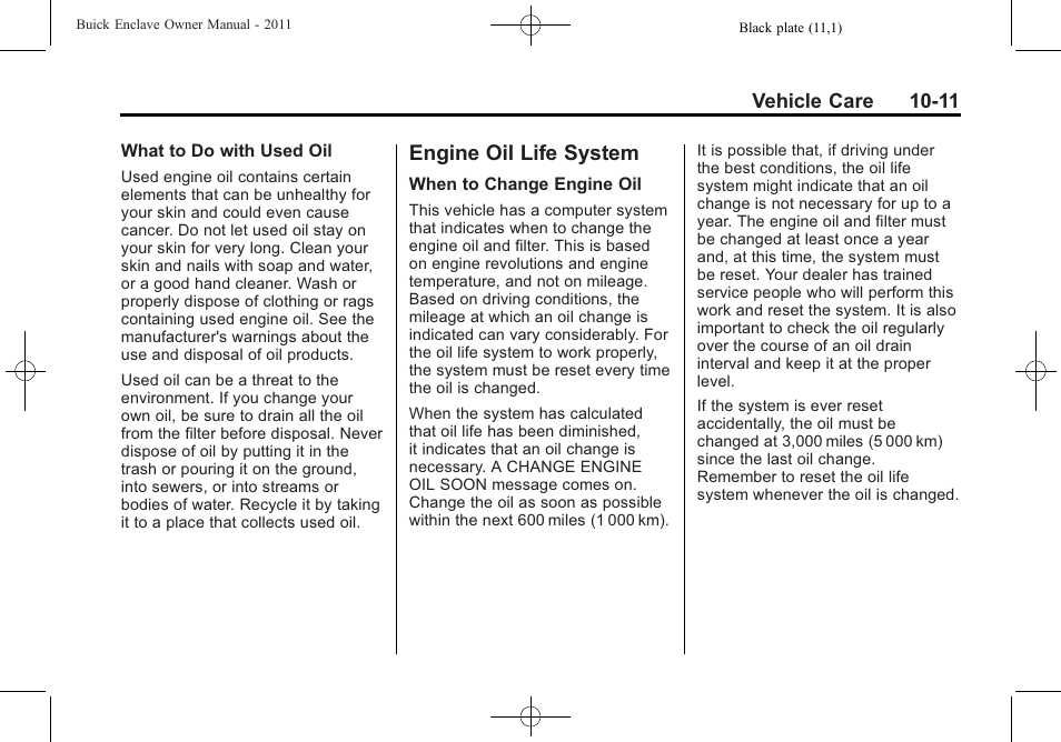 Engine oil life system, Engine oil life system -11 | Buick 2011 Enclave User Manual | Page 323 / 458