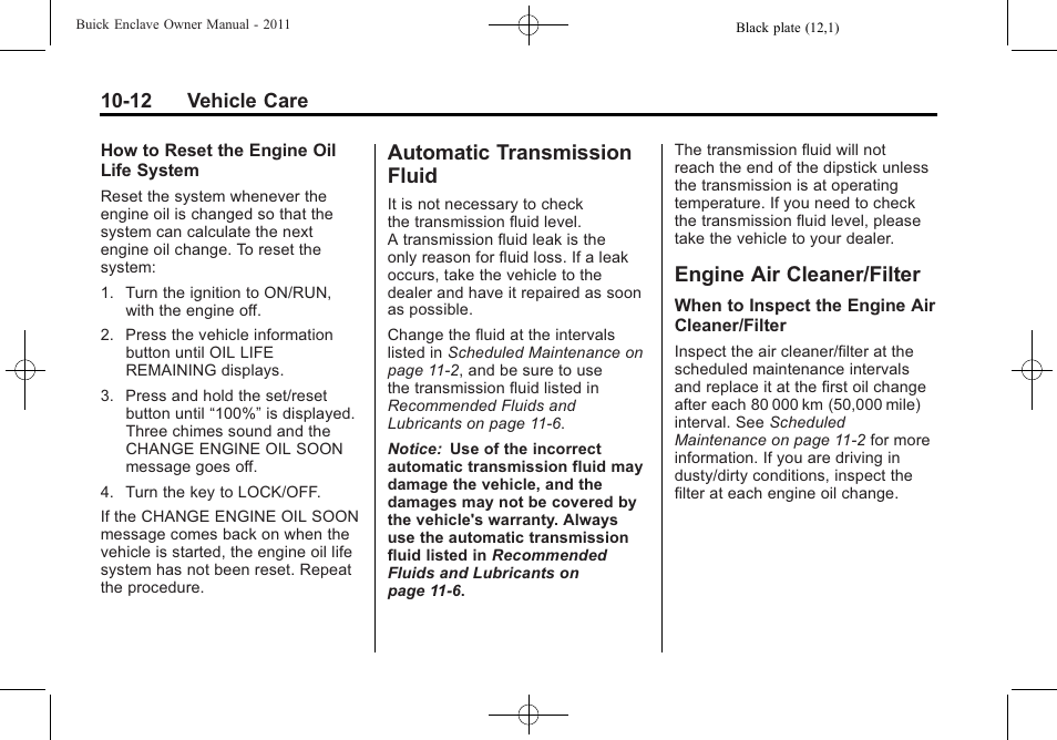 Automatic transmission fluid, Engine air cleaner/filter, Automatic transmission | Fluid -12, Engine air cleaner/filter -12, Headlamp | Buick 2011 Enclave User Manual | Page 324 / 458