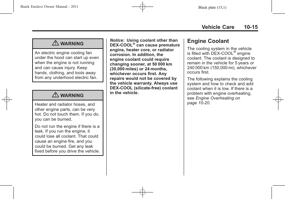 Engine coolant, Engine coolant -15 | Buick 2011 Enclave User Manual | Page 327 / 458