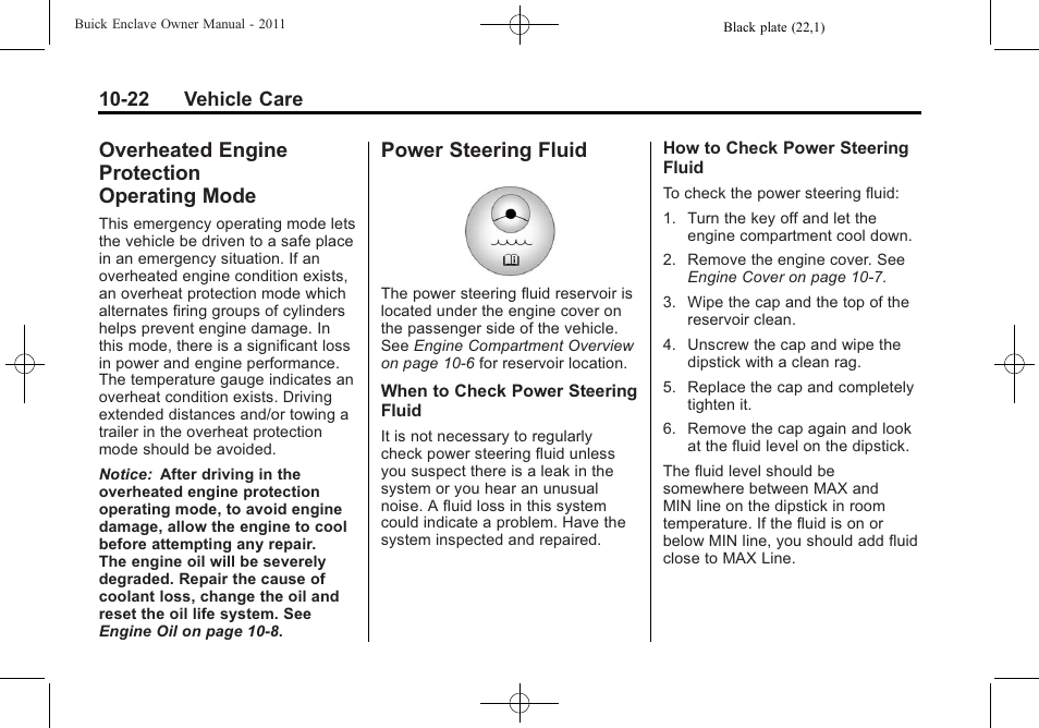 Overheated engine protection operating mode, Power steering fluid, Overheated engine | Protection operating mode -22, Power steering fluid -22, Hid) | Buick 2011 Enclave User Manual | Page 334 / 458