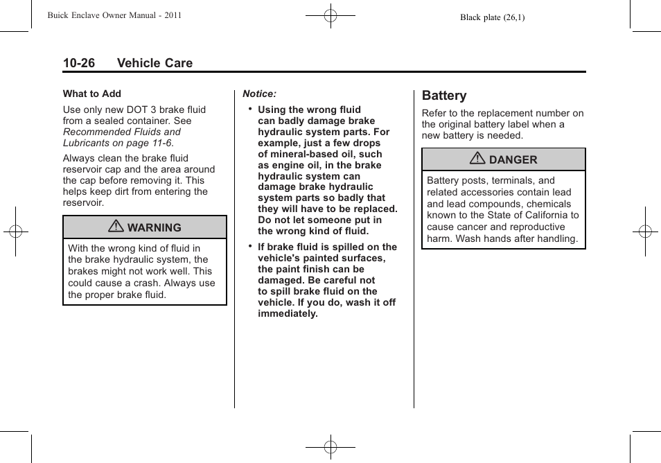 Battery, Battery -26 | Buick 2011 Enclave User Manual | Page 338 / 458