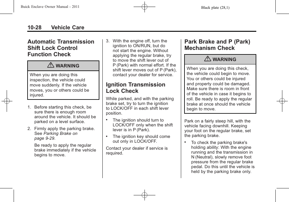 Ignition transmission lock check, Park brake and p (park) mechanism check, Automatic transmission shift | Lock control function check -28, Ignition transmission lock, Check -28, And p (park), Mechanism check -28 | Buick 2011 Enclave User Manual | Page 340 / 458