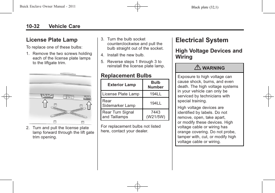 License plate lamp, Replacement bulbs, Electrical system | High voltage devices and wiring, Electrical system -32, Customer information, License plate lamp -32 replacement bulbs -32, High voltage devices and, Wiring -32 | Buick 2011 Enclave User Manual | Page 344 / 458