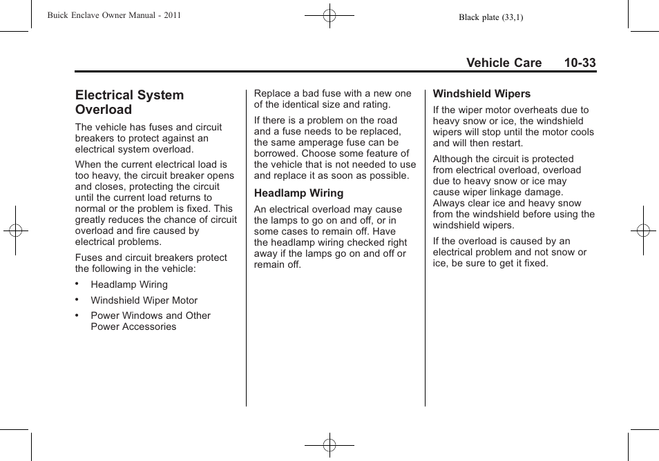 Electrical system overload, Electrical system, Overload -33 | Vehicle care 10-33 | Buick 2011 Enclave User Manual | Page 345 / 458