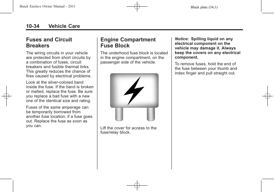 Fuses and circuit breakers, Engine compartment fuse block, Fuses and circuit | Breakers -34, Engine compartment fuse, Block -34 | Buick 2011 Enclave User Manual | Page 346 / 458