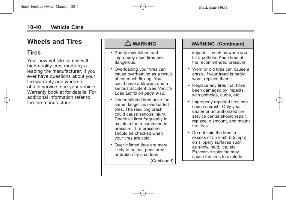 Wheels and tires, Tires, Wheels and tires -40 | Reporting safety defects -15, Tires -40, 40 vehicle care | Buick 2011 Enclave User Manual | Page 352 / 458