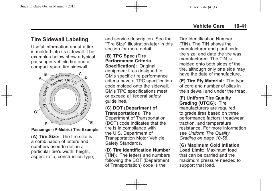 Tire sidewall labeling, Tire sidewall labeling -41 | Buick 2011 Enclave User Manual | Page 353 / 458