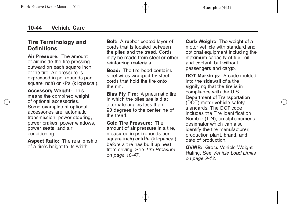 Tire terminology and definitions, Tire terminology and, Definitions -44 | Buick 2011 Enclave User Manual | Page 356 / 458