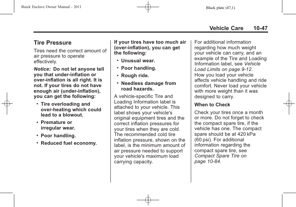 Tire pressure, Tire pressure -47, Vehicle care 10-47 | Buick 2011 Enclave User Manual | Page 359 / 458