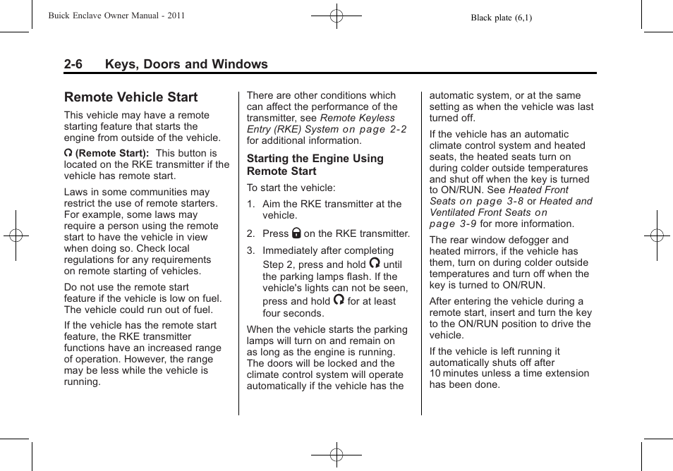 Remote vehicle start, Remote vehicle start -6, Folding | Buick 2011 Enclave User Manual | Page 36 / 458