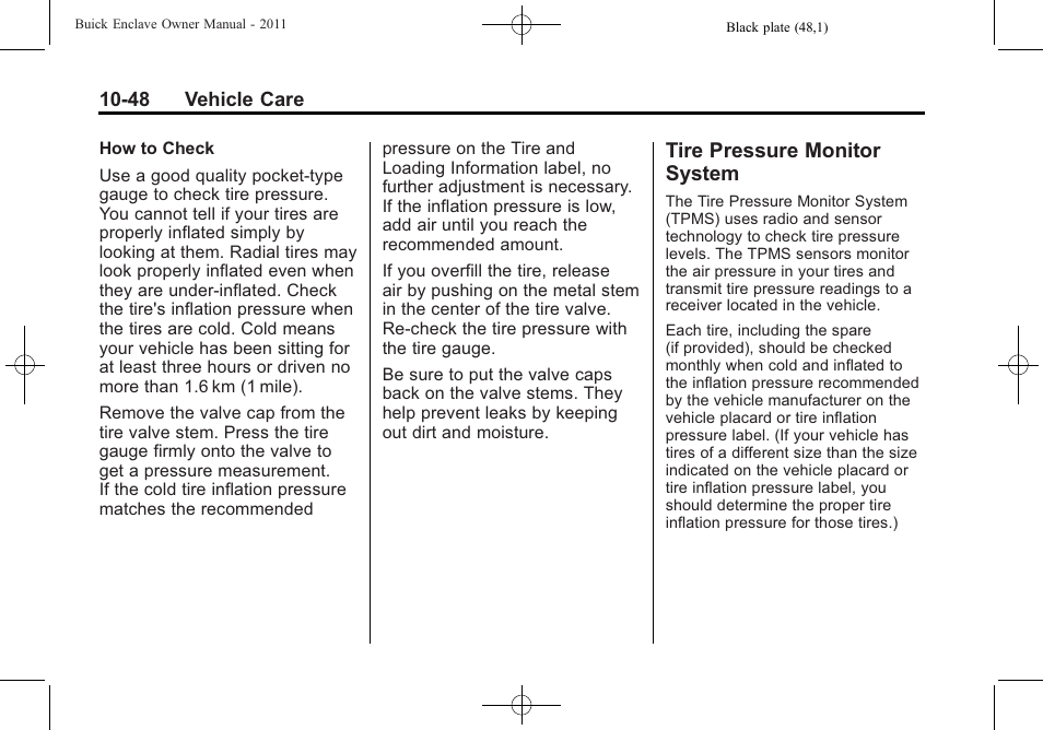 Tire pressure monitor system, Tire pressure monitor, System -48 | Buick 2011 Enclave User Manual | Page 360 / 458