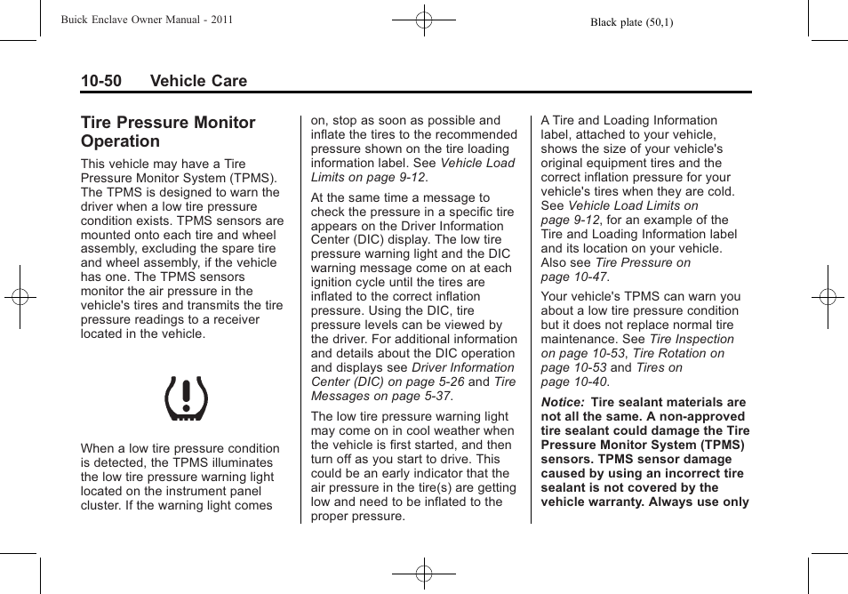 Tire pressure monitor operation, Tire pressure monitor, Operation -50 | Buick 2011 Enclave User Manual | Page 362 / 458