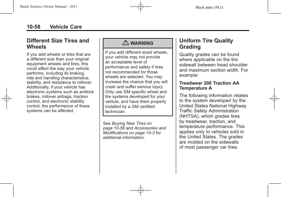 Different size tires and wheels, Uniform tire quality grading, Different size tires and | Wheels -58, Uniform tire quality, Grading -58, Exterior | Buick 2011 Enclave User Manual | Page 370 / 458