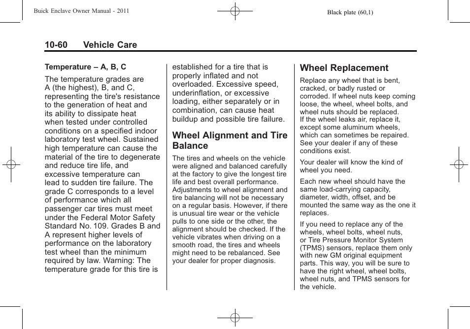 Wheel alignment and tire balance, Wheel replacement, Wheel alignment and tire | Balance -60, Wheel replacement -60, General | Buick 2011 Enclave User Manual | Page 372 / 458