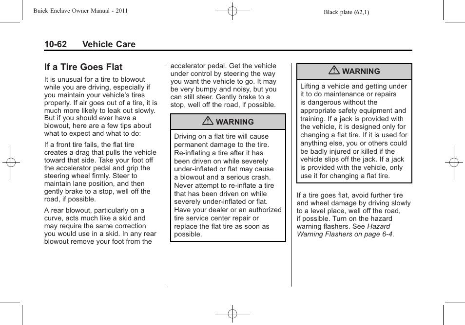 If a tire goes flat, If a tire goes flat -62 | Buick 2011 Enclave User Manual | Page 374 / 458