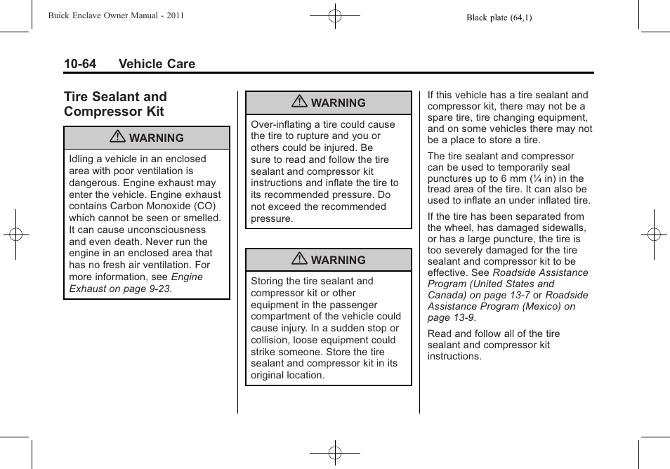 Tire sealant and compressor kit, Tire sealant and, Compressor kit -64 | Genuine | Buick 2011 Enclave User Manual | Page 376 / 458