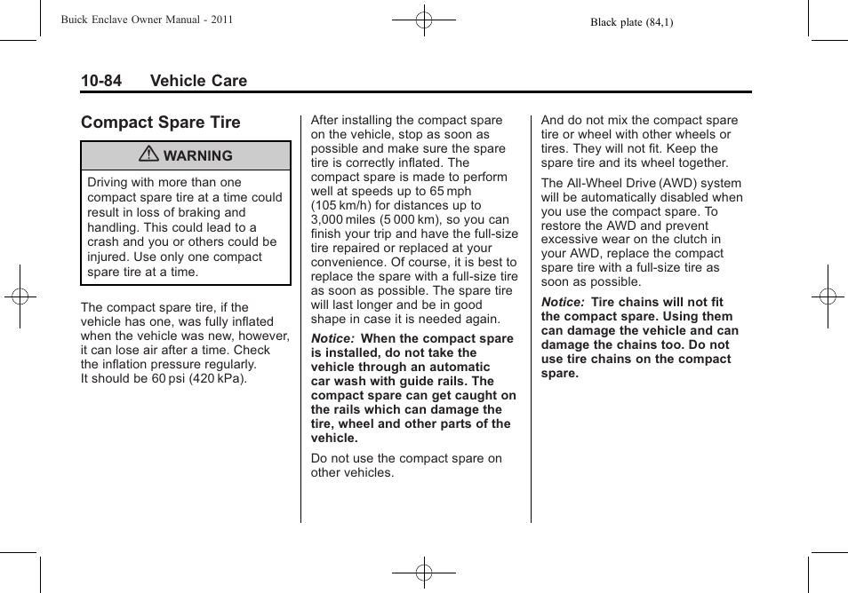 Compact spare tire, Compact spare tire -84 | Buick 2011 Enclave User Manual | Page 396 / 458