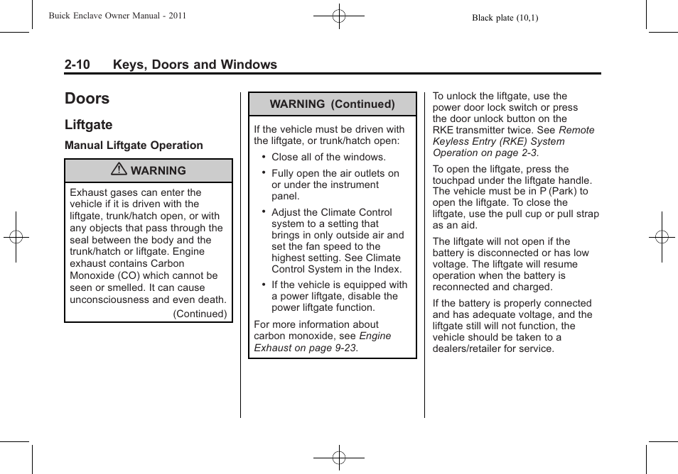 Doors, Liftgate, Doors -10 | Information, Liftgate -10, Windows, 10 keys, doors and windows | Buick 2011 Enclave User Manual | Page 40 / 458