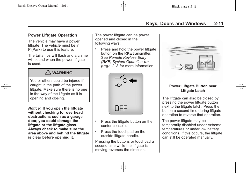 Keys, doors and windows 2-11 | Buick 2011 Enclave User Manual | Page 41 / 458