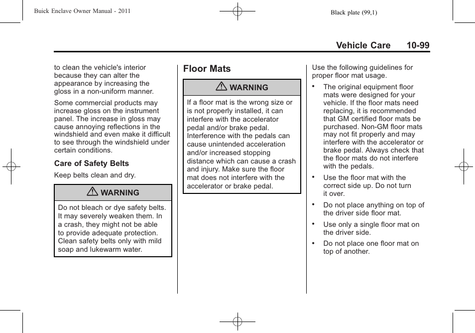 Floor mats, Floor mats -99, Vehicle care 10-99 | Buick 2011 Enclave User Manual | Page 411 / 458