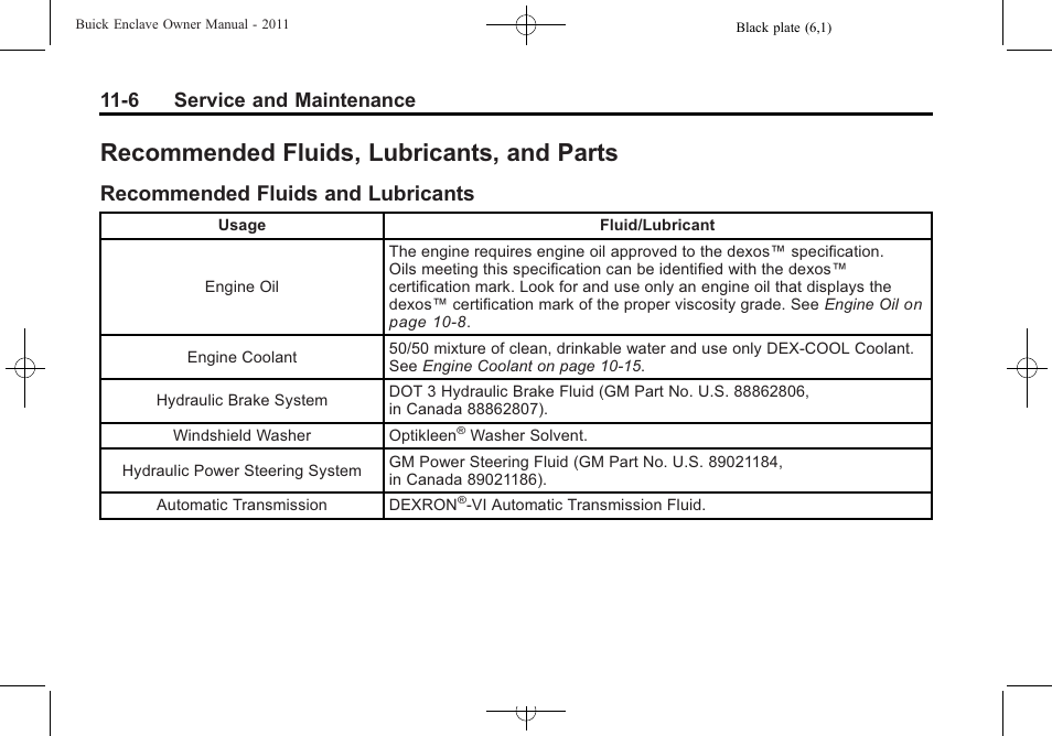 Recommended fluids, lubricants, and parts, Recommended fluids and lubricants, Recommended fluids | Lubricants, and parts -6, Recommended fluids and, Lubricants -6, 6 service and maintenance | Buick 2011 Enclave User Manual | Page 418 / 458