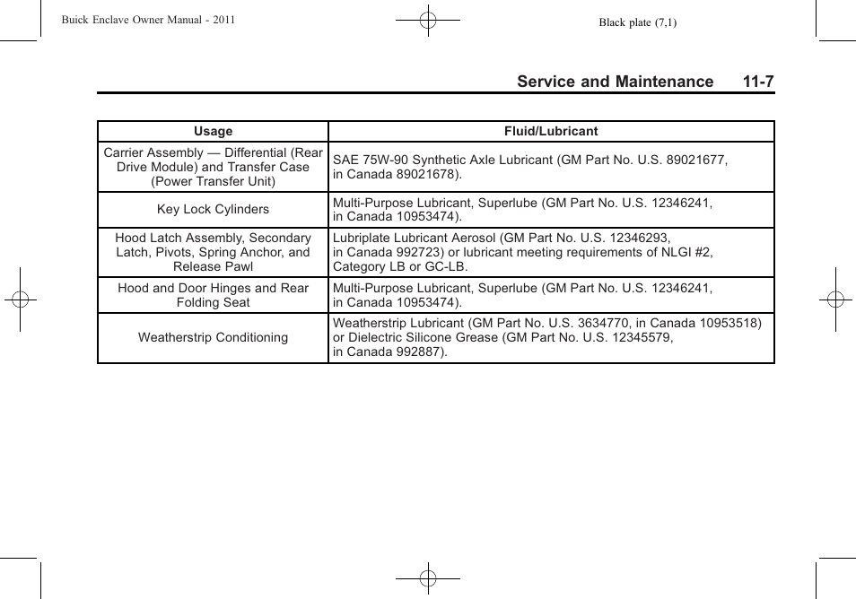 Service and maintenance 11-7 | Buick 2011 Enclave User Manual | Page 419 / 458