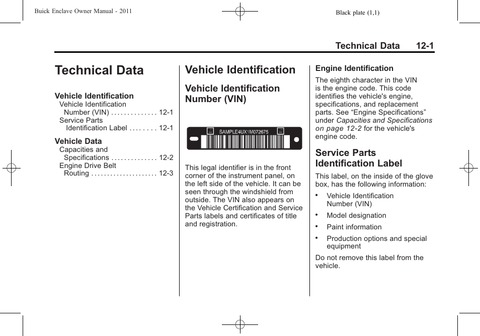 Technical data, Vehicle identification, Vehicle identification number (vin) | Service parts identification label, Technical data -1, Identification -1, Technical data 12-1 | Buick 2011 Enclave User Manual | Page 425 / 458