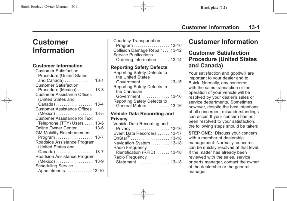 Customer information, Information -1, Customer information 13-1 | Buick 2011 Enclave User Manual | Page 429 / 458