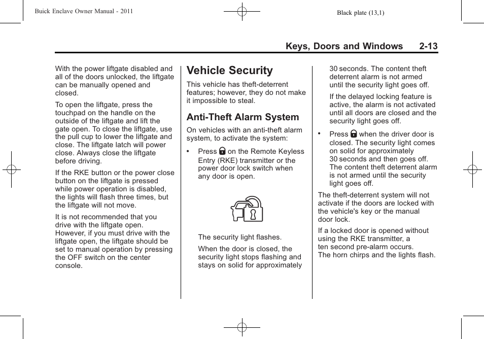 Vehicle security, Anti-theft alarm system, Vehicle security -13 | Vehicle, Vehicle security -13 anti-theft alarm system -13, Roof | Buick 2011 Enclave User Manual | Page 43 / 458