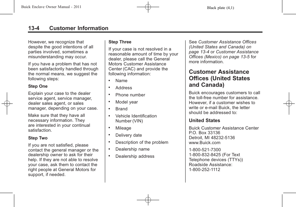 Customer assistance offices, United states and canada) -4, General | 4 customer information | Buick 2011 Enclave User Manual | Page 432 / 458