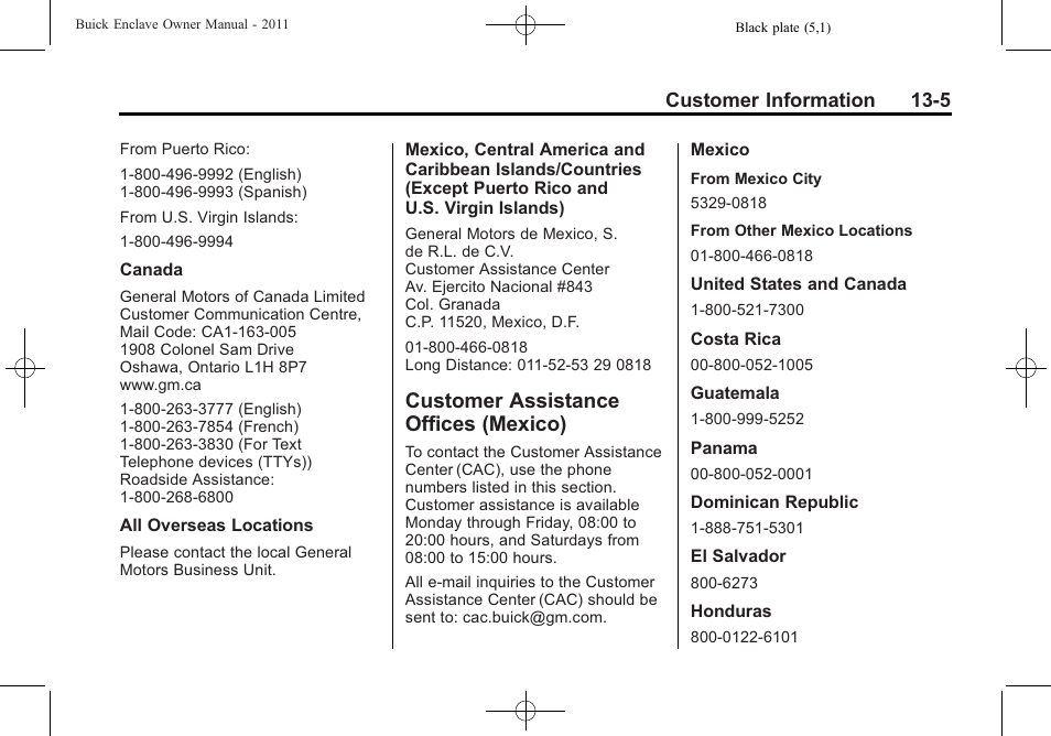 Customer assistance offices (mexico), Customer assistance offices, Mexico) -5 | Vehicle data, Customer information 13-5 | Buick 2011 Enclave User Manual | Page 433 / 458