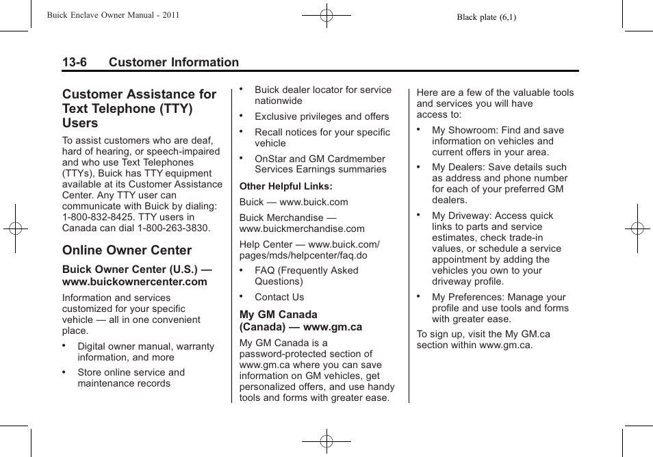 Customer assistance for text telephone (tty) users, Online owner center, Customer assistance for text | Telephone (tty) users -6, Online owner center -6, 6 customer information | Buick 2011 Enclave User Manual | Page 434 / 458