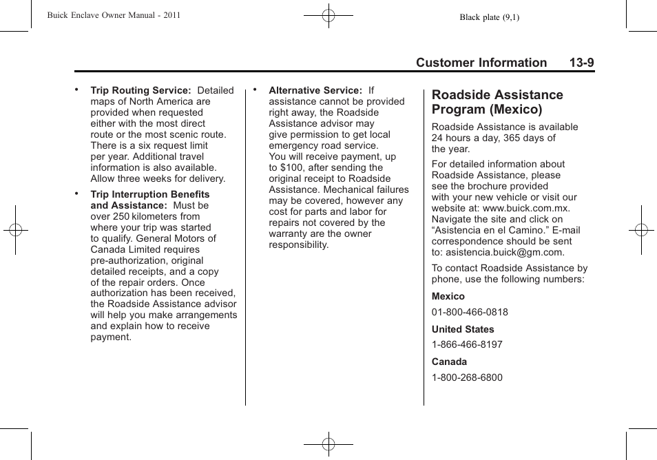 Roadside assistance program (mexico), Roadside assistance program, Mexico) -9 | Customer information 13-9 | Buick 2011 Enclave User Manual | Page 437 / 458