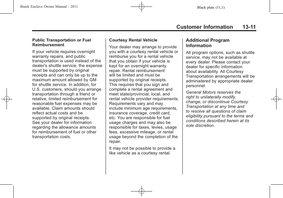 Customer information 13-11 | Buick 2011 Enclave User Manual | Page 439 / 458