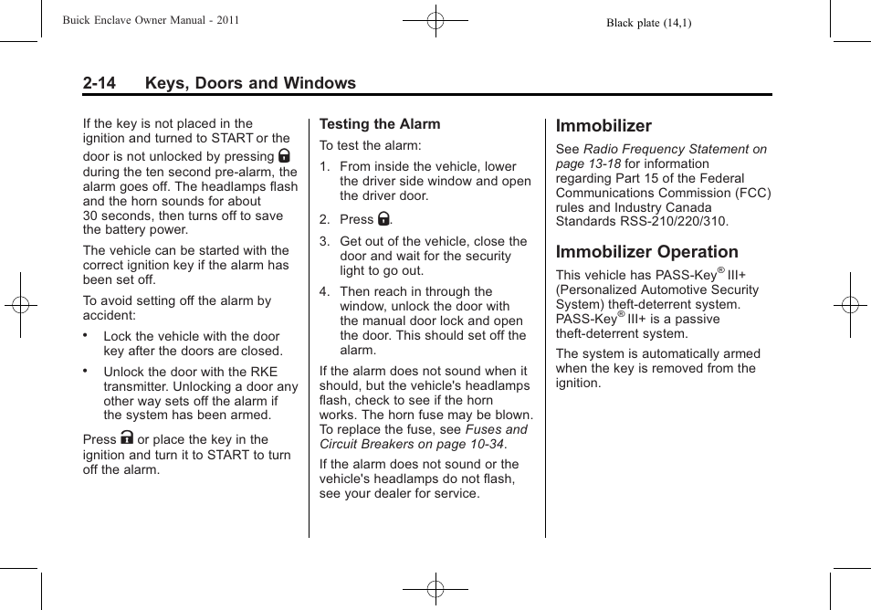 Immobilizer, Immobilizer operation, Immobilizer -14 immobilizer operation -14 | 14 keys, doors and windows | Buick 2011 Enclave User Manual | Page 44 / 458