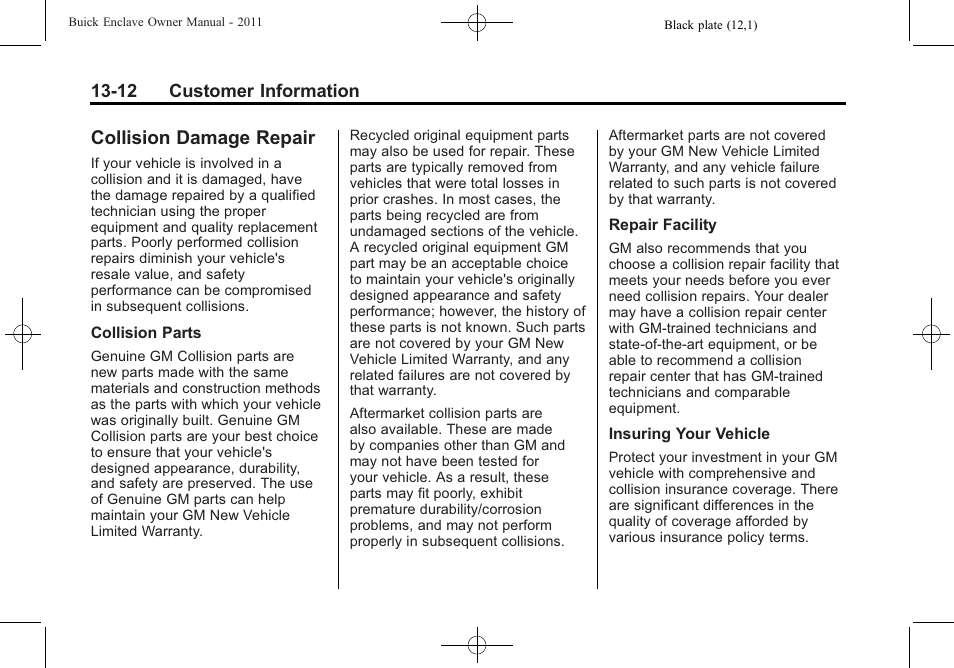 Collision damage repair, Collision damage repair -12 | Buick 2011 Enclave User Manual | Page 440 / 458