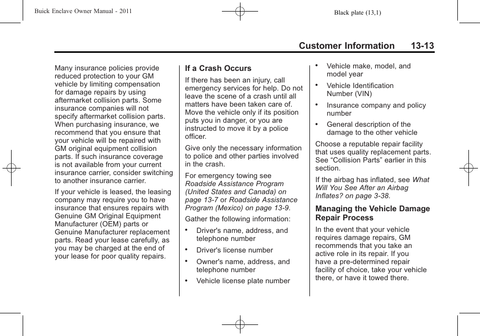 Customer information 13-13 | Buick 2011 Enclave User Manual | Page 441 / 458