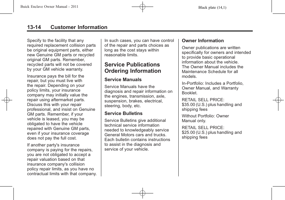 Service publications ordering information, Service publications, Ordering information -14 | Procedure | Buick 2011 Enclave User Manual | Page 442 / 458